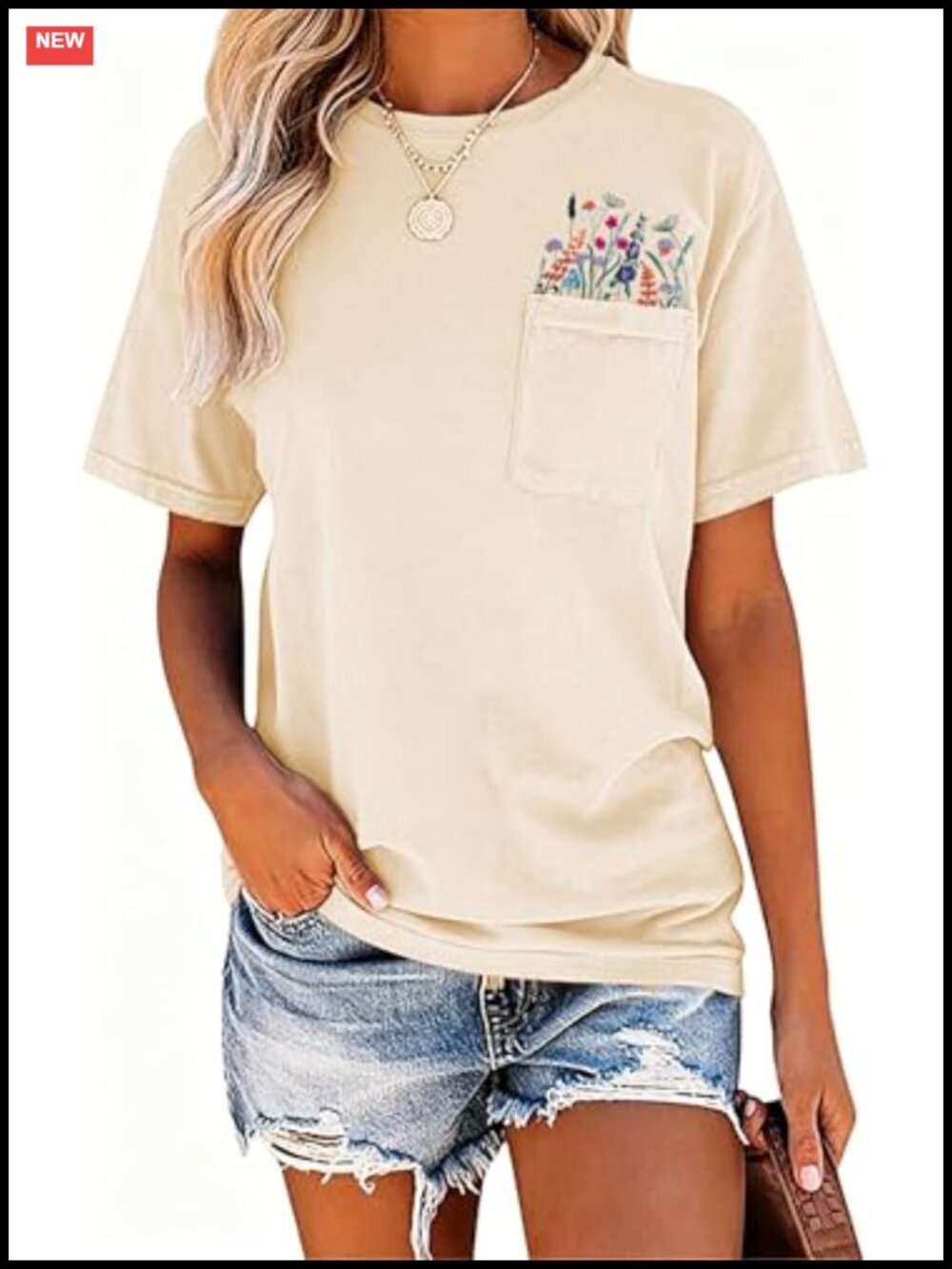 Embroidered Graphic Tee Wildflower Print Pocket Boho Summer Cotton Top